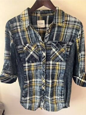 Ci Sono Navy, Yellow & White Plaid Button-Front Shirt
